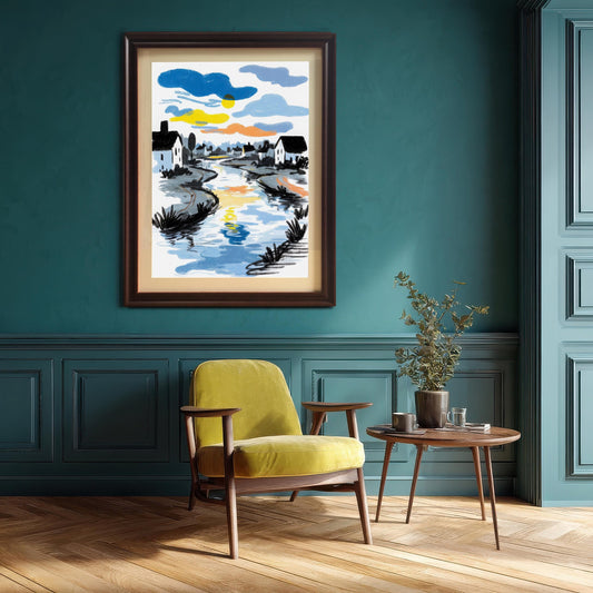 The framed river art print in a dark Coffee frame with a mat, hanging on a dark teal paneled wall above a mid-century modern yellow armchair and a small side table.