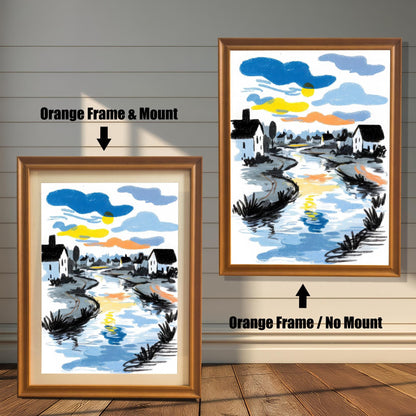A comparison image showing the river art print in an Orange Frame & Mount (with a light mat) on the left, and an Orange Frame / No Mount (full bleed print) on the right, against a white wainscoted wall.