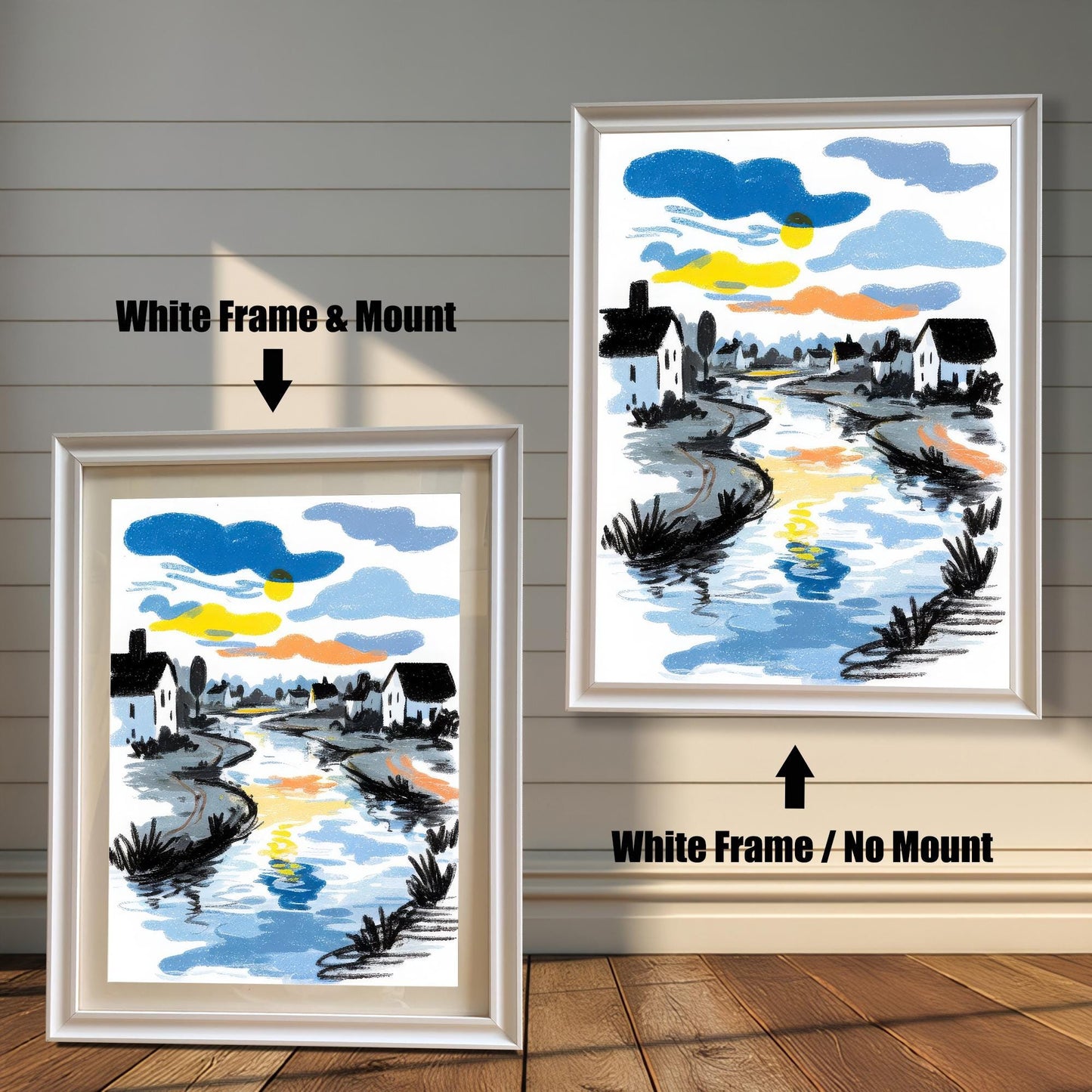 A comparison image showing the river art print in a White Frame & Mount (with a white mat) on the left, and a White Frame / No Mount (full bleed print) on the right, against a white wainscoted wall.