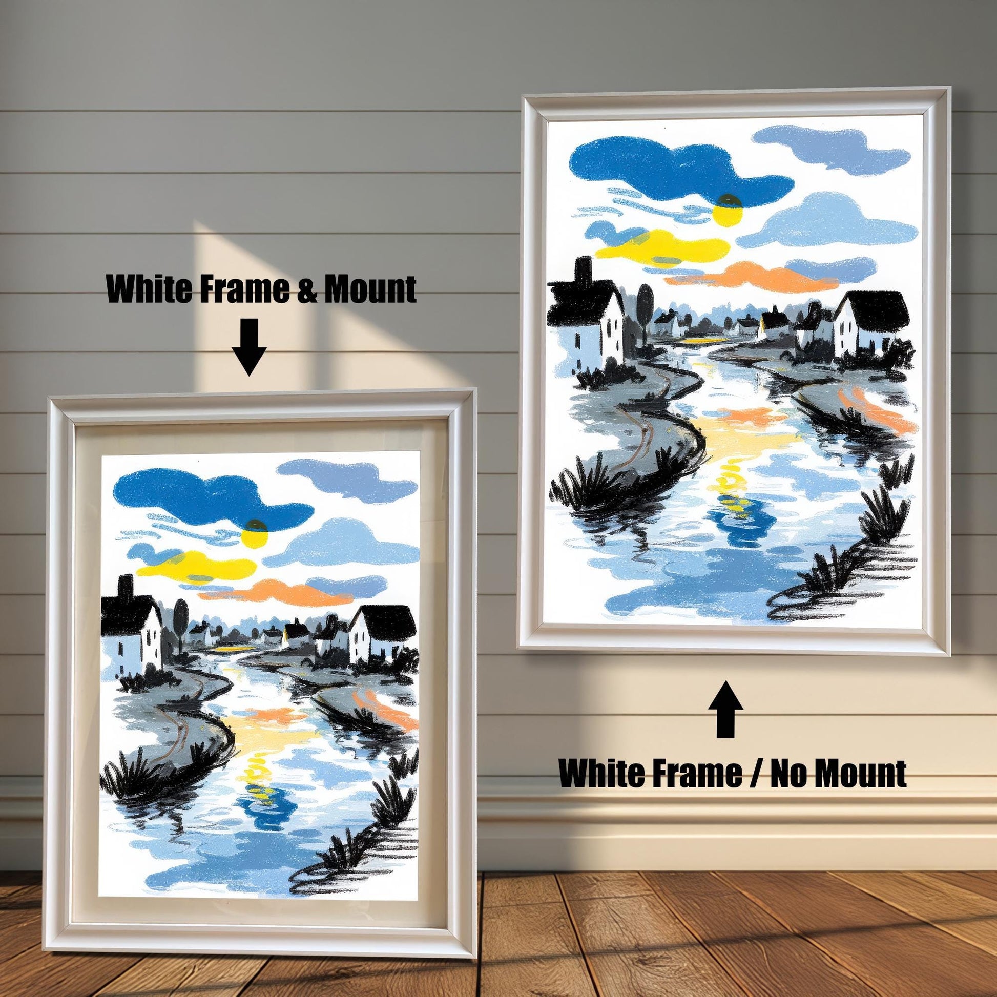 A comparison image showing the river art print in a White Frame & Mount (with a white mat) on the left, and a White Frame / No Mount (full bleed print) on the right, against a white wainscoted wall.