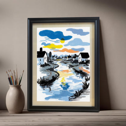 The river art print in a Black Frame & Mount (with a light mat) leaning on a light wooden table next to a vase holding paintbrushes.