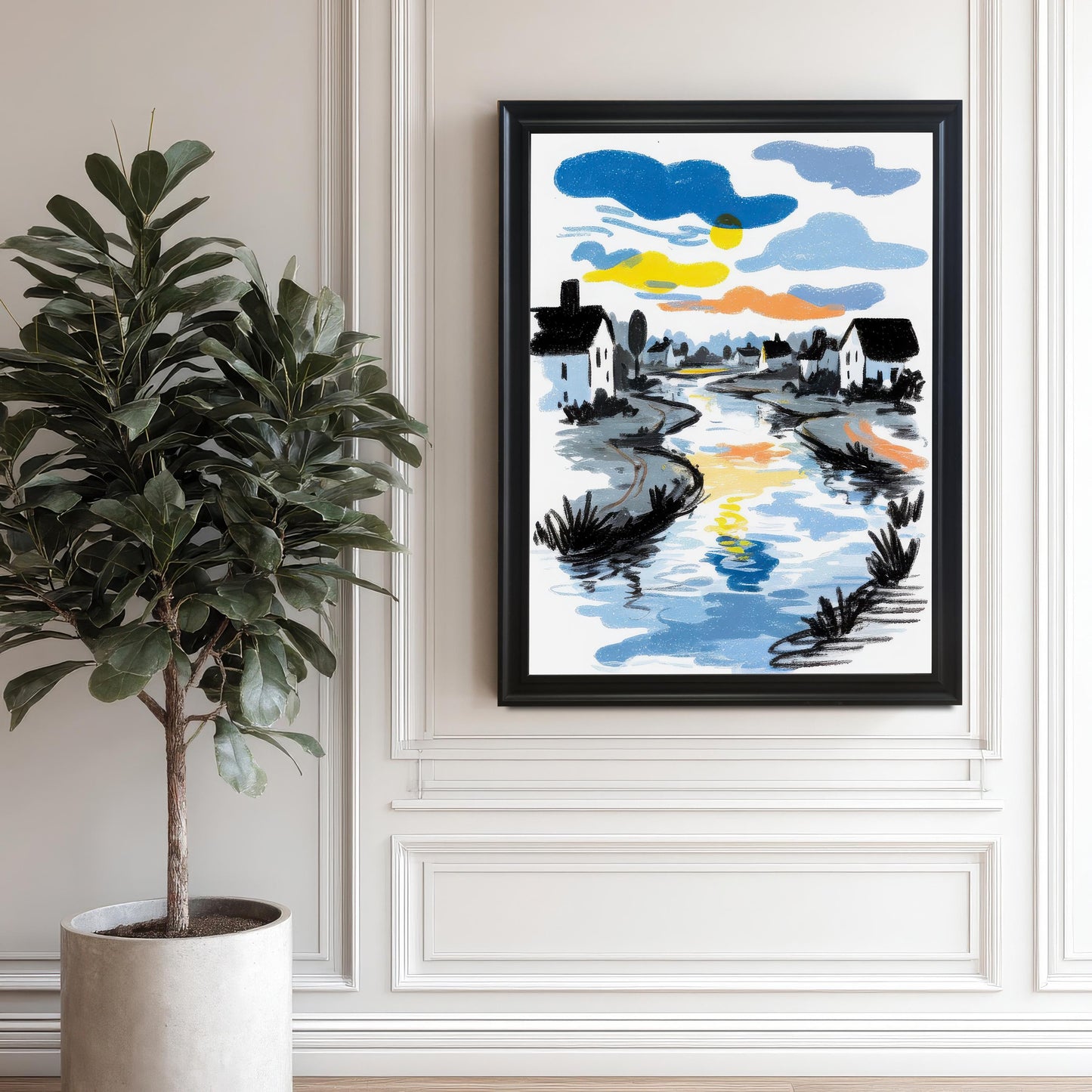The river art print in a Black Frame / No Mount hanging on a white paneled wall next to a large potted plant (fiddle-leaf fig).