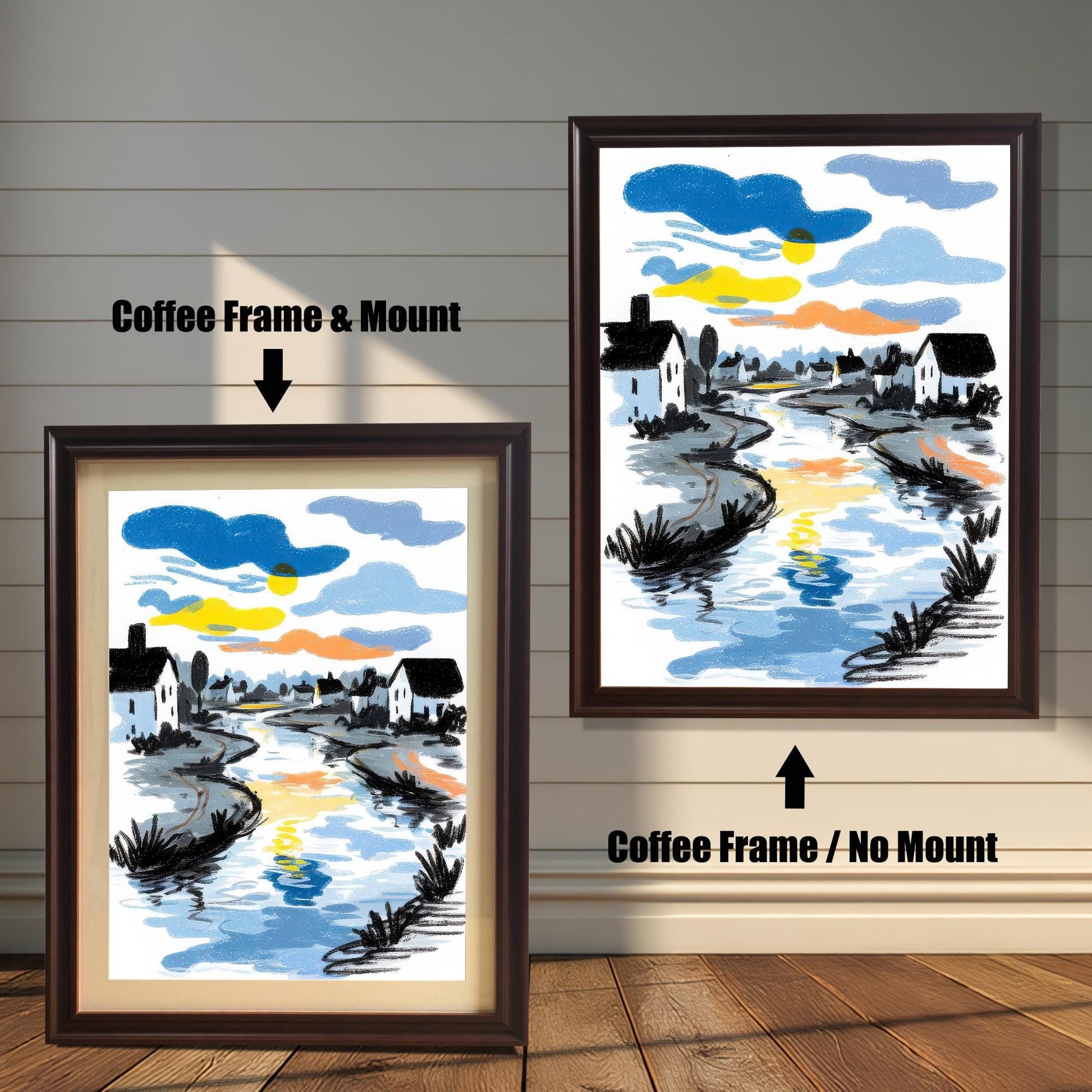 A comparison image showing the river art print in a Coffee Frame & Mount (with a light mat) on the left, and a Coffee Frame / No Mount (full bleed print) on the right, against a white wainscoted wall.