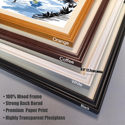 A close-up image showing four available wood frame colors: Orange, Coffee, White, and Black. Text highlights the frame width (0.9"" / 2.2cm) and features: 100% Wood Frame, Strong Backboard, Premium Paper Print, and Highly Transparent Plexiglass.