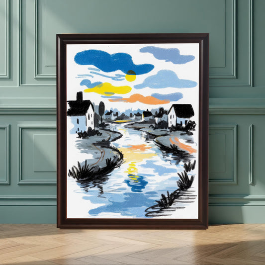 The framed sketch-style art print, featuring a river reflecting a colorful sunset/sunrise sky, lined with white houses. It is leaning on a wooden floor against a paneled wall painted seafoam green/dark teal. The frame is a dark Coffee color with a mat/mount.