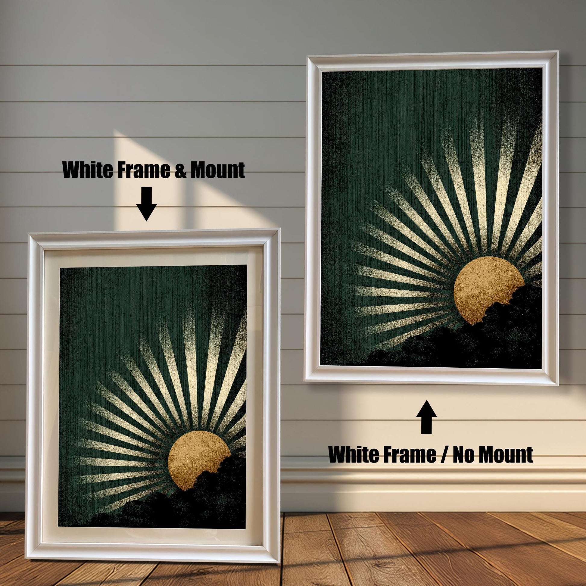 A side-by-side comparison of the dark green and gold sunburst art print framed in a White Frame. The image on the left shows the print with a mount (matting), and the image on the right shows it without a mount.