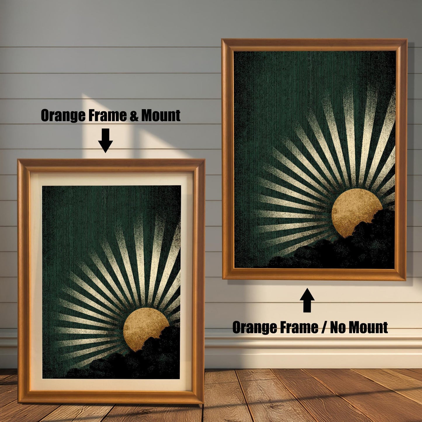 A side-by-side comparison of the dark green and gold sunburst art print framed in an Orange Frame. The image on the left shows the print with a mount (matting), and the image on the right shows it without a mount.
