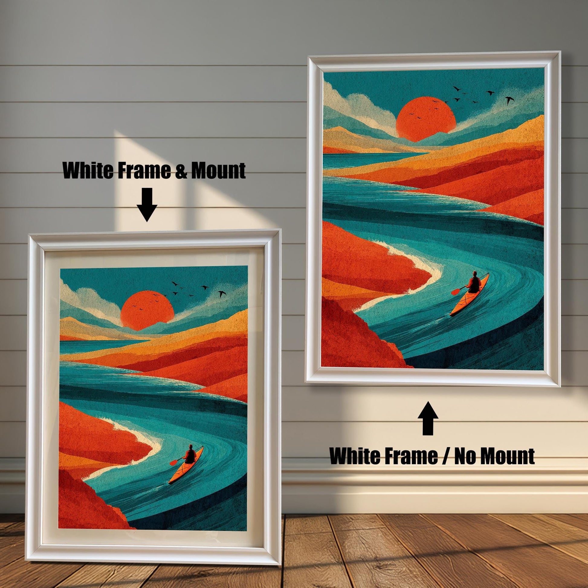 Comparison of a colorful kayaking landscape print in a White Frame, demonstrating the look with a white mat mount versus a full-bleed print with no mount.