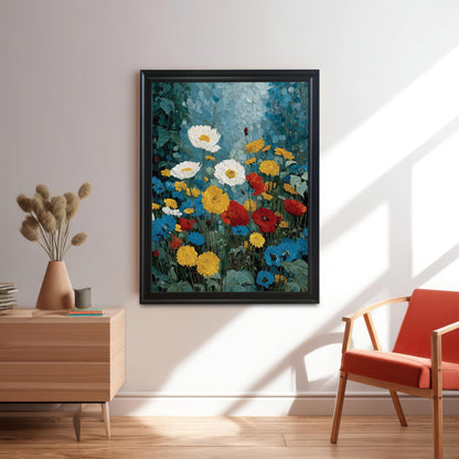 A large, black-framed floral art print hung on a white wall in a modern living room setting. The scene includes a minimalist wooden sideboard with a vase of dried flowers and an orange chair, lit by natural sunlight.