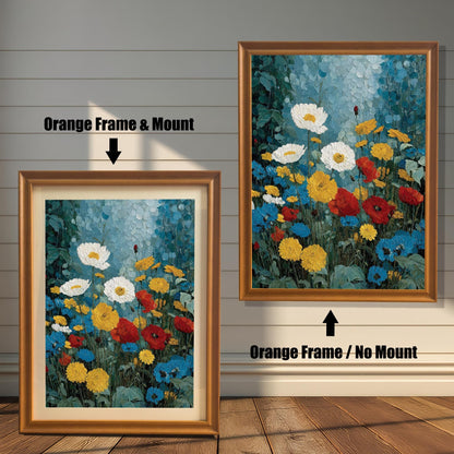 Comparison image showing two framing options for an orange-toned wood frame. The left side features the floral art with an off-white mat board (mount), and the right side shows the art full-bleed within the frame with no mount.
