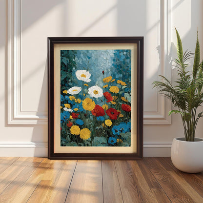 A "Coffee" (dark brown) wood framed art print with a cream mat board leaning against a white paneled wall. The frame is positioned on a polished wood floor next to a minimalist white potted plant.
