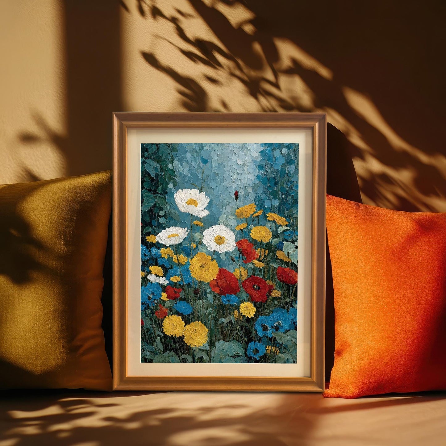 A framed floral art print tucked between a gold and an orange velvet pillow. The scene features warm, dramatic leaf shadows cast across the wall and frame.