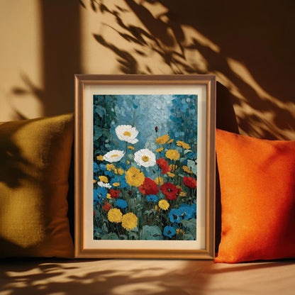 A framed floral art print tucked between a gold and an orange velvet pillow. The scene features warm, dramatic leaf shadows cast across the wall and frame.