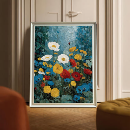 A white-framed floral art print leaning against an elegant interior door on a herringbone wood floor. The scene is shot from a low angle with soft, warm lighting.