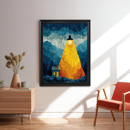 A vertically framed art print of a stylized house under a spotlight, hanging on a white wall in a modern living room above a wooden dresser and next to an orange chair.
