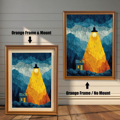 Side-by-side comparison of the "Spotlight House" art in an Orange wood frame; the left version includes a cream-colored mat board (mount) and the right version is full-bleed without a mount.