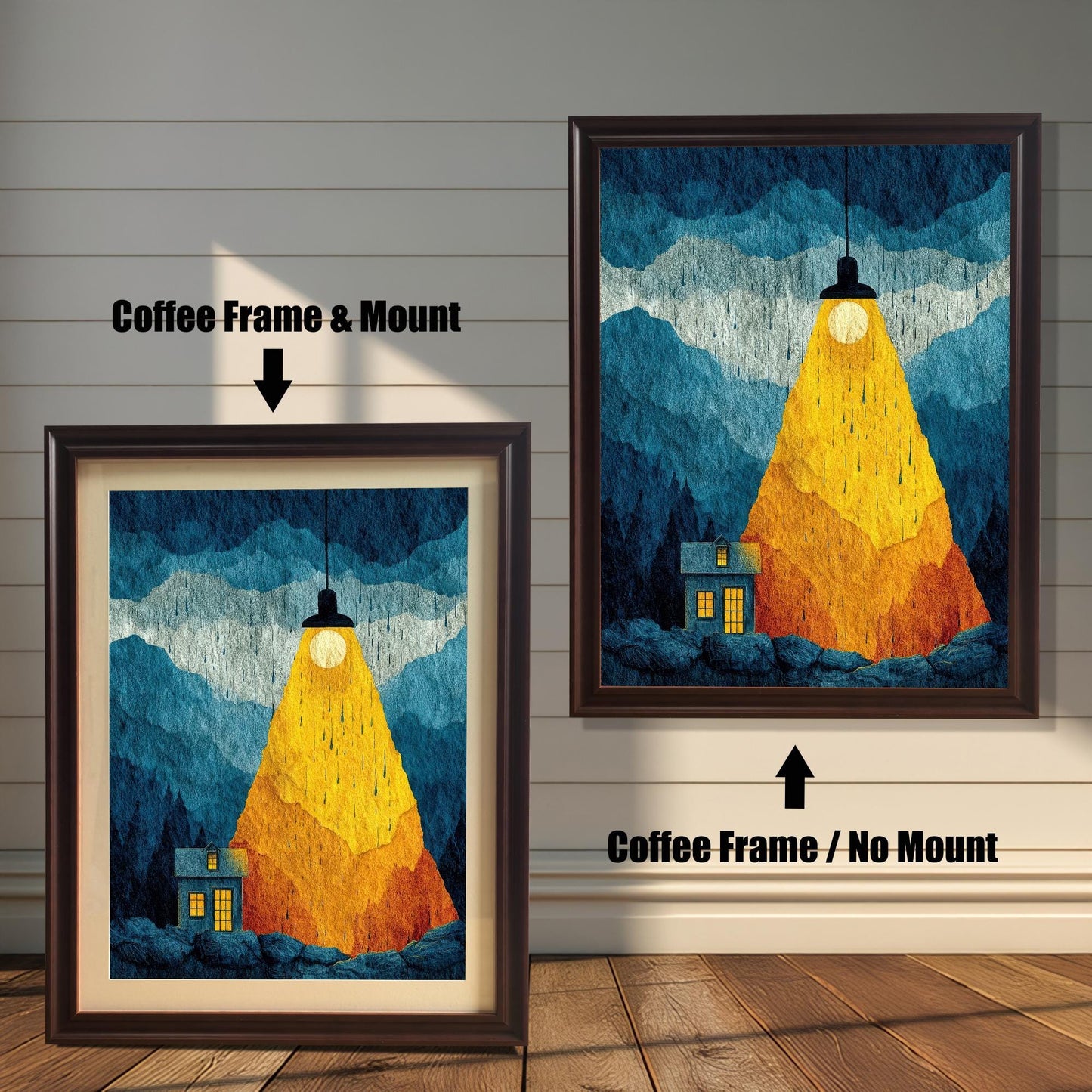 Comparison of Coffee wood frame styles showing the "Spotlight House" print with and without a mat board mount against a white horizontal slat wall.