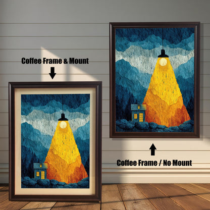 Comparison of Coffee wood frame styles showing the "Spotlight House" print with and without a mat board mount against a white horizontal slat wall.
