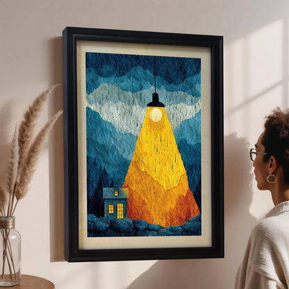 A large, vertically oriented art print in a black wood frame with a cream mat board, shown being viewed by a person to demonstrate the product's scale in a home environment.