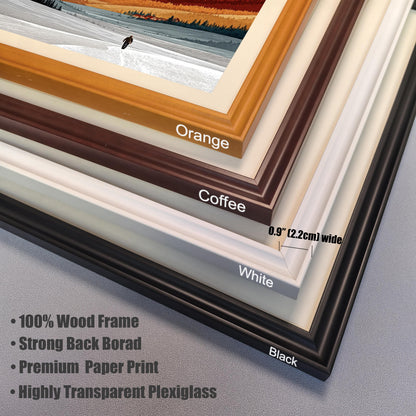 Close-up of four wood frame color options: Orange, Coffee, White, and Black, featuring 0.9-inch wide profiles and highly transparent plexiglass.