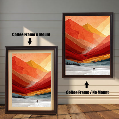 Modern landscape print in a dark coffee wood frame, showcasing the elegant contrast between the warm orange artwork and the dark frame.