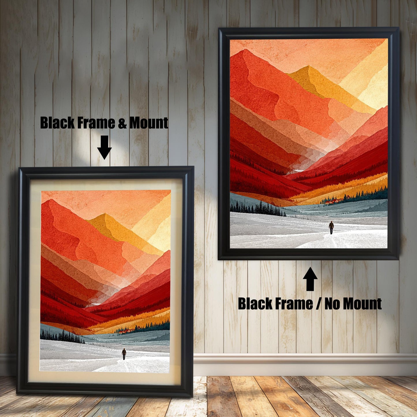 Abstract mountain scenery in a black wood frame, displayed with and without an inner mat mount against a rustic wood-paneled wall.