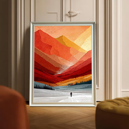 Modern white wood framed mountain art print displayed on a herringbone wood floor, leaning against a neutral paneled door in a bright interior.
