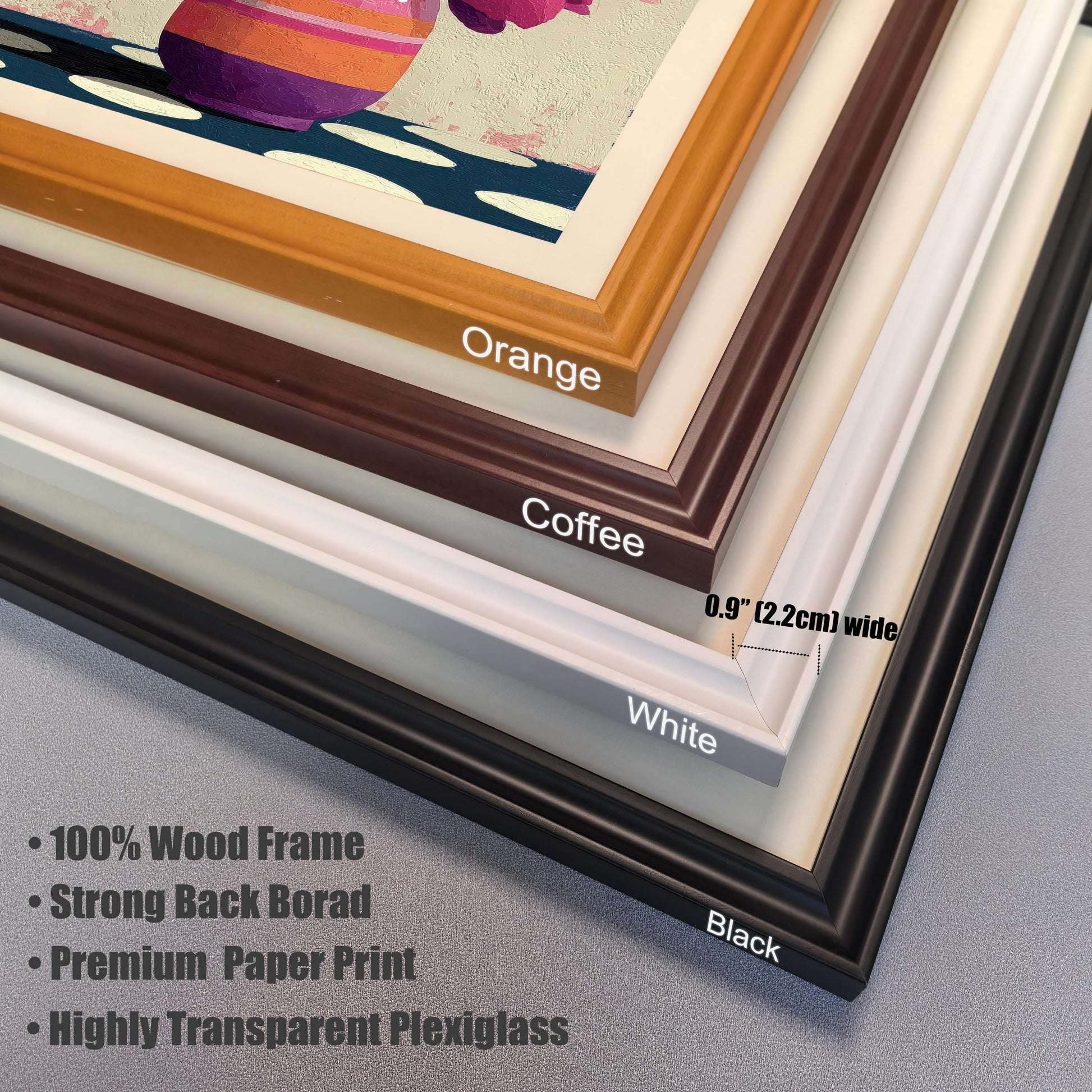 Close-up detail of four wood frame color options: Orange, Coffee, White, and Black, highlighting the 0.9-inch frame width.