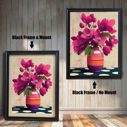 Comparison of a black wood frame art print featuring pink flowers, displayed with and without a decorative mount.