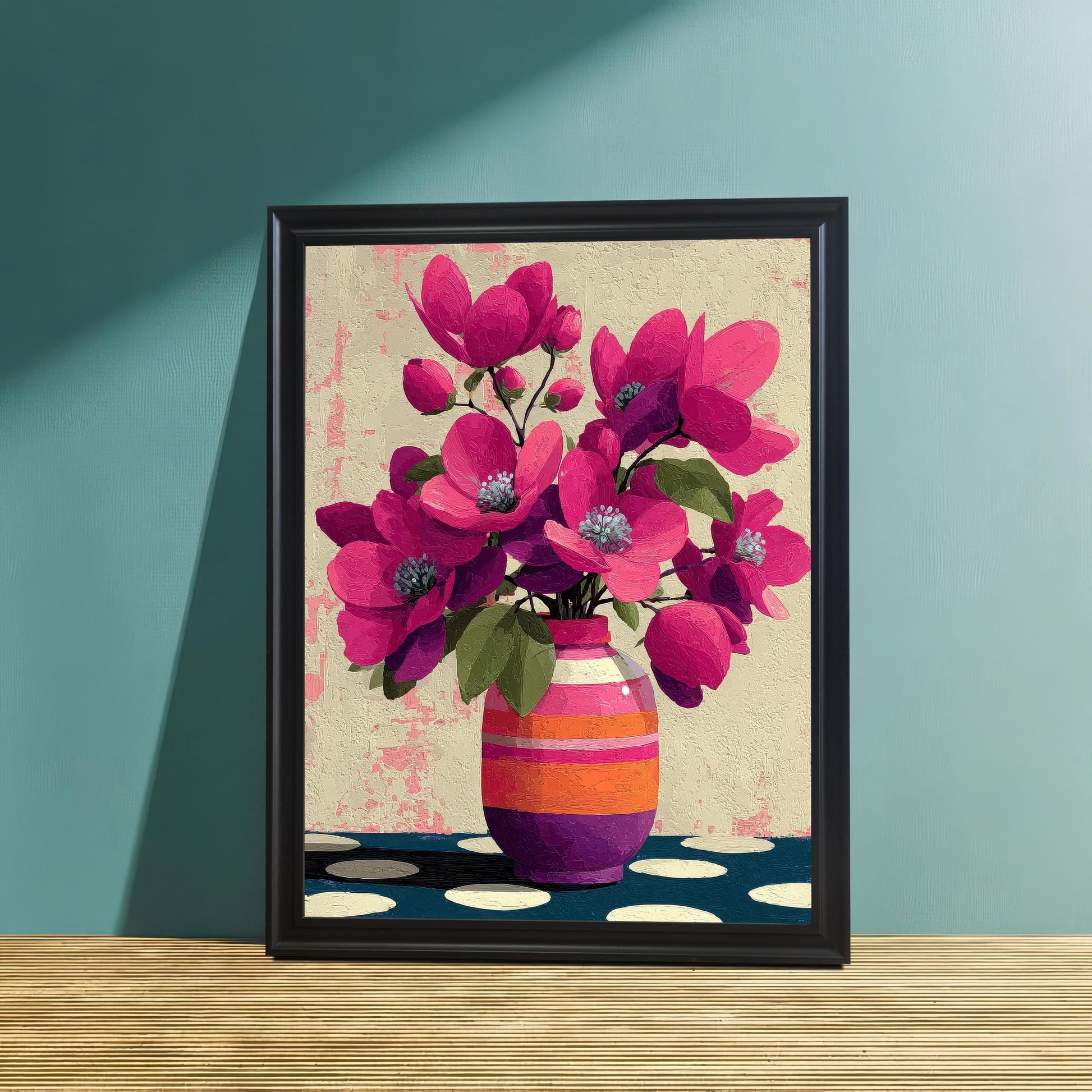 A black-framed art print of a pink floral bouquet in a striped vase, resting on a textured wooden surface against a teal-colored wall.