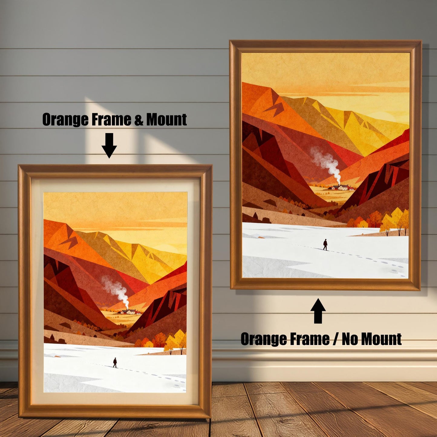 Comparison of a minimalist mountain landscape in an orange wood frame, shown with an off-white mat mount and without a mount.