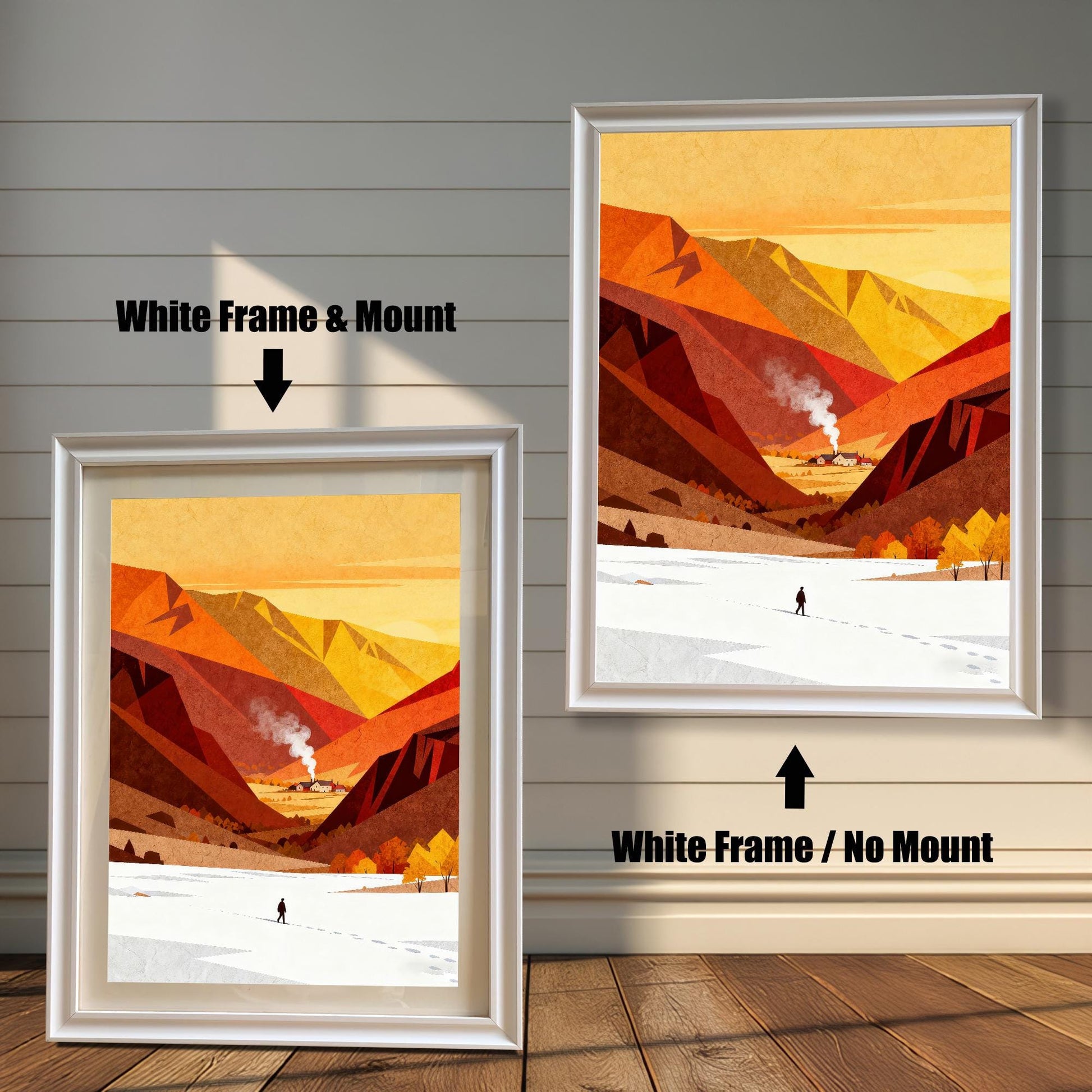 Comparison of a landscape art print in a white wooden frame, showing the difference between using a mat mount versus a full-bleed print without a mount.