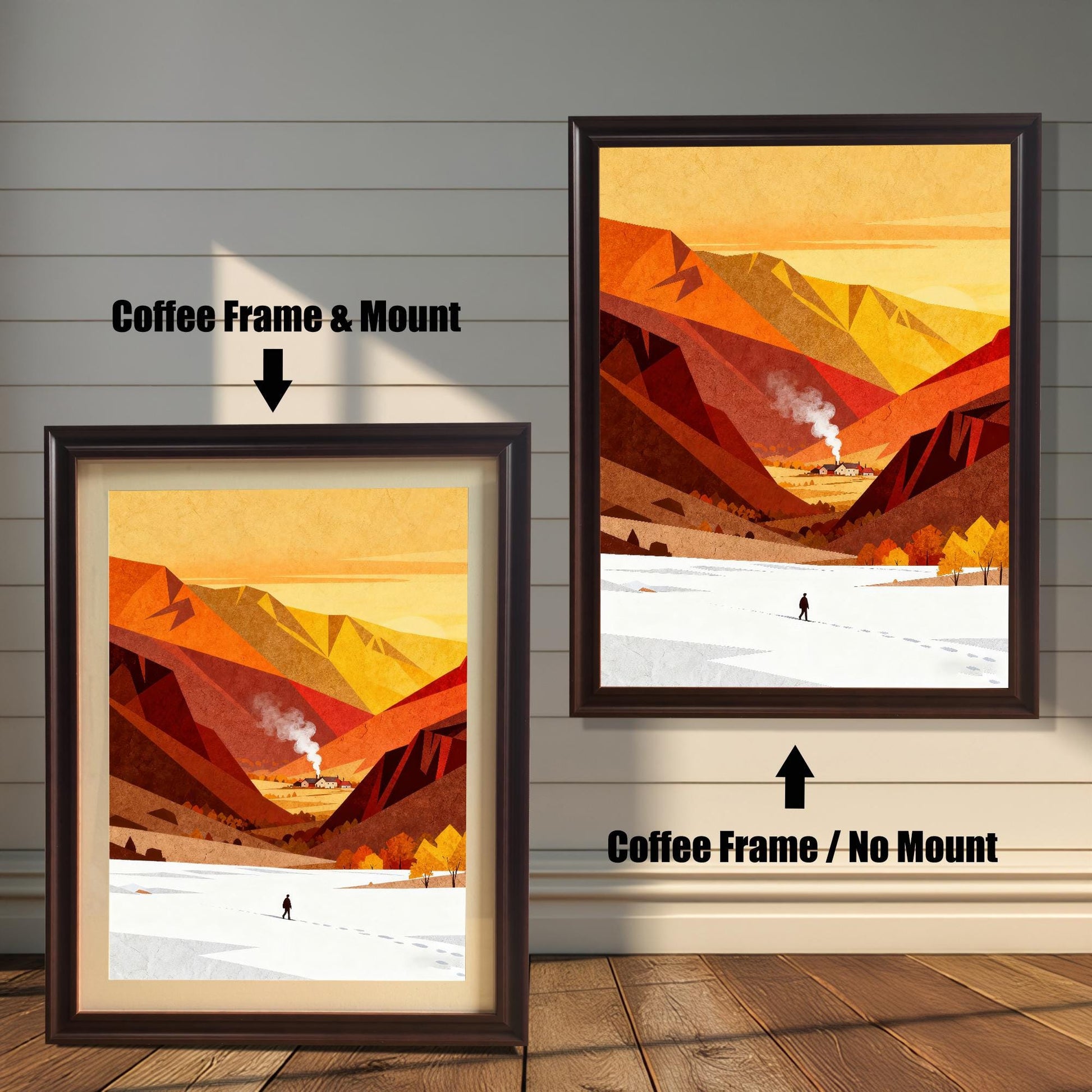 Comparison of a landscape art print in a dark Coffee-colored wood frame, illustrating the "with mount" and "no mount" display options.
