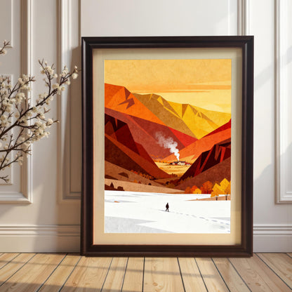 Large framed landscape print with a cream mat mount in a dark Coffee-colored wood frame, leaning against a white paneled wall on a light wood floor.
