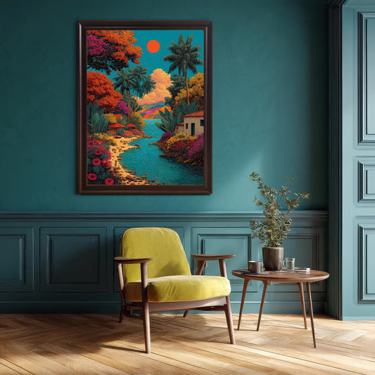 A framed, vibrant tropical landscape painting featuring a bright red sun, palm trees, colorful foliage, and a river, hanging on a teal/dark green paneled wall above a yellow armchair and a small wooden side table.