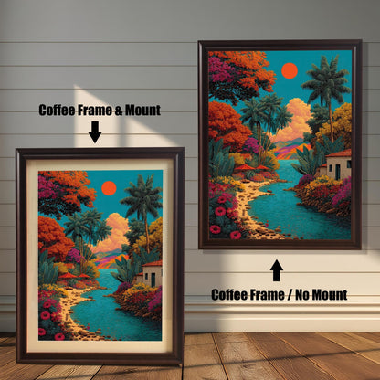 A side-by-side comparison of the vibrant tropical landscape art print framed in a Coffee Frame. The image on the left shows the print with a mount (matting), and the image on the right shows it without a mount."