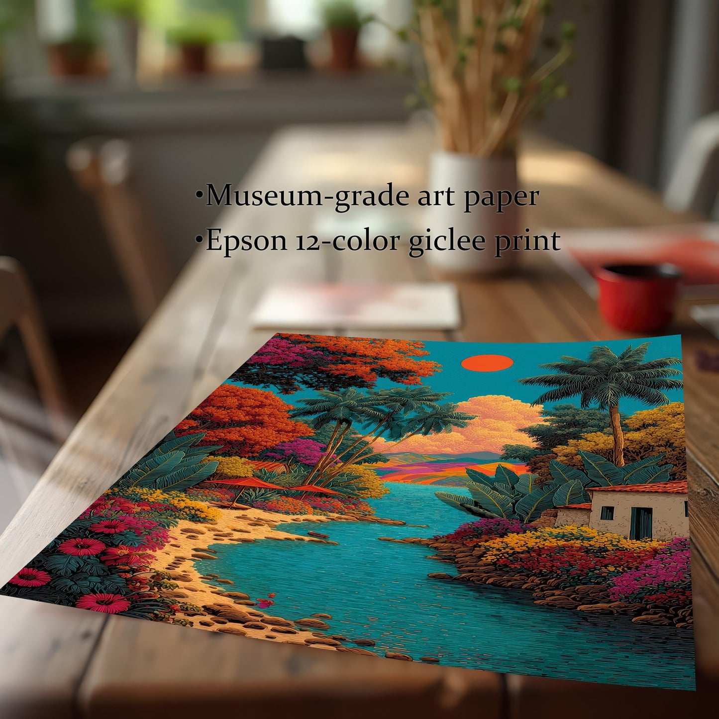 Close-up shot of the vibrant tropical landscape art print on a wooden table, highlighting the texture and color. Text overlay lists: ""Museum-grade art paper"" and ""Epson 12-color giclee print.""