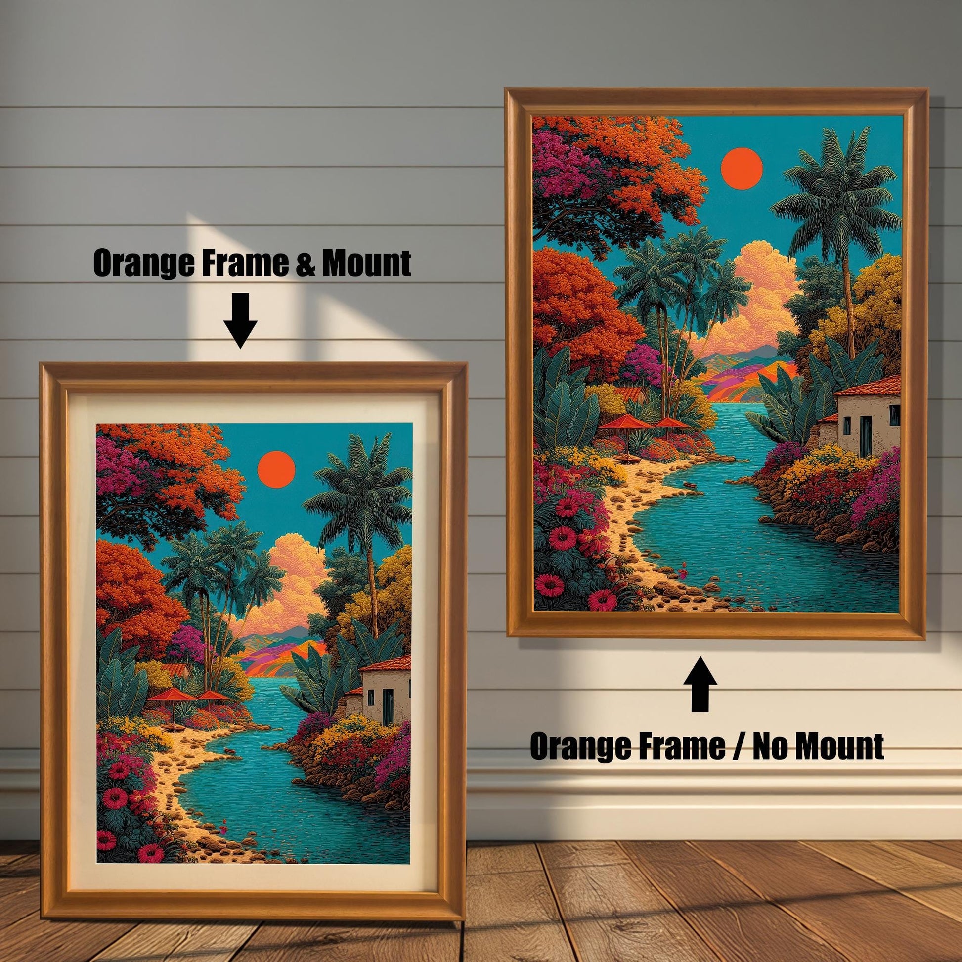 A side-by-side comparison of the vibrant tropical landscape art print framed in an Orange Frame. The image on the left shows the print with a mount (matting), and the image on the right shows it without a mount.