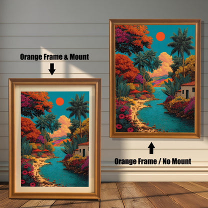 A side-by-side comparison of the vibrant tropical landscape art print framed in an Orange Frame. The image on the left shows the print with a mount (matting), and the image on the right shows it without a mount.