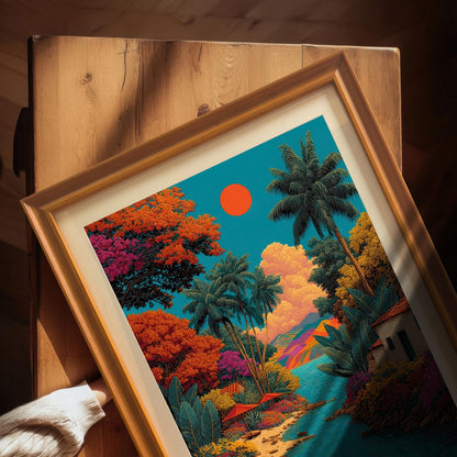 Overhead close-up view of the vibrant tropical landscape art print in an Orange frame with a mount, resting on a wooden surface. A hand in a cream sweater is visible in the corner.