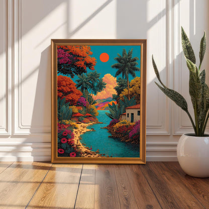 The vibrant tropical landscape art print in a gold/orange wooden frame, standing on a hardwood floor, leaning against a white wainscot wall next to a tall potted snake plant.