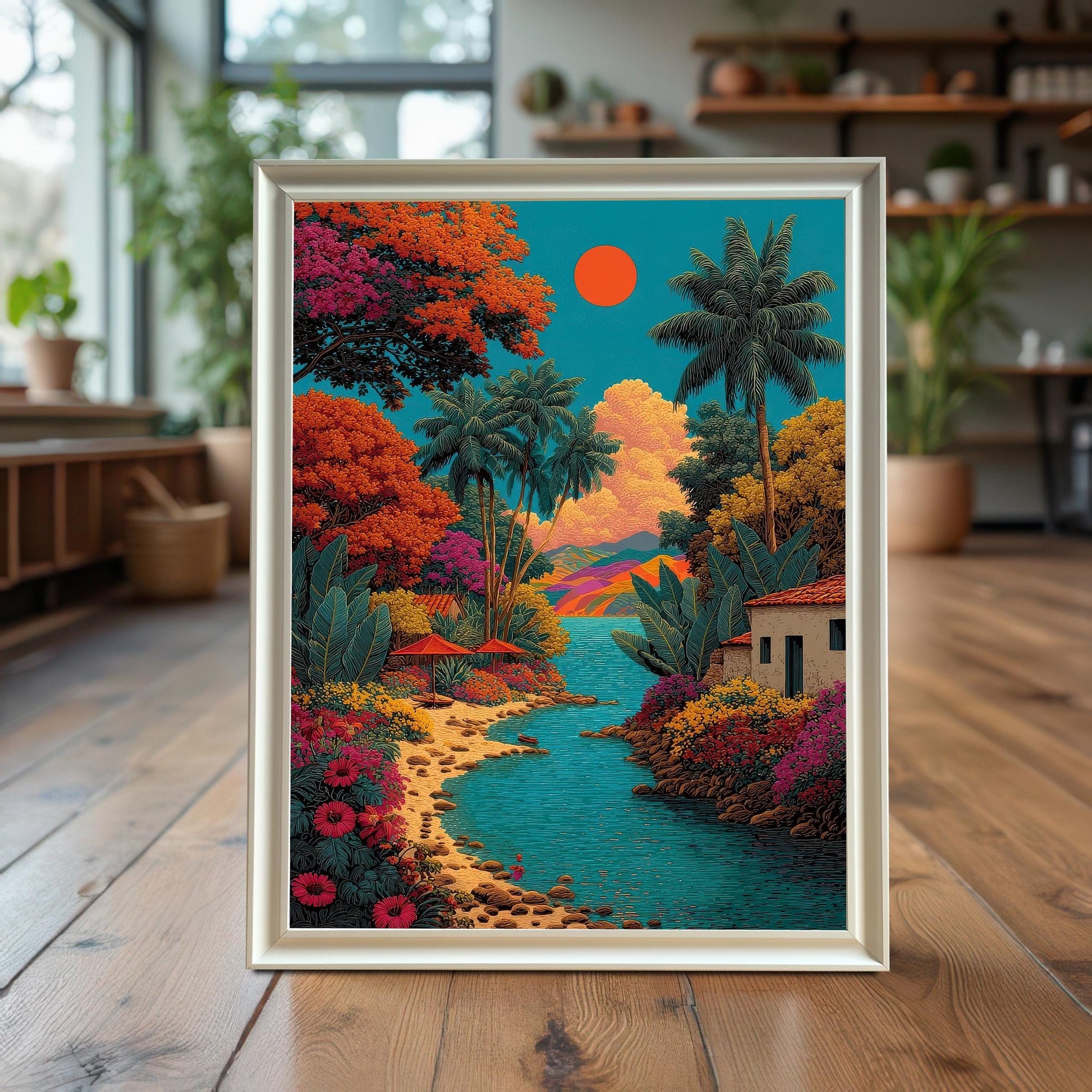 The vibrant tropical landscape art print in a White Frame without a mount, standing on a hardwood floor in a brightly lit room with large windows and plants in the background.