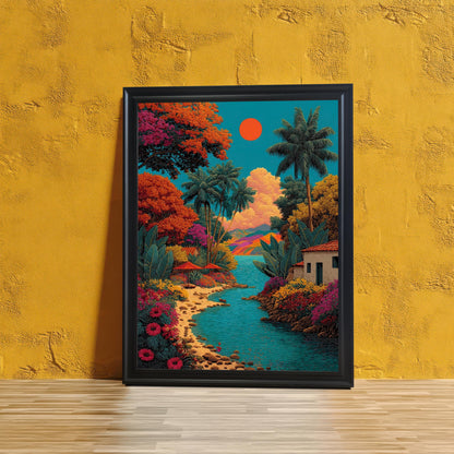 The vibrant tropical landscape art print in a Black Frame without a mount, leaning against a textured, vibrant yellow wall, with a light wood floor.