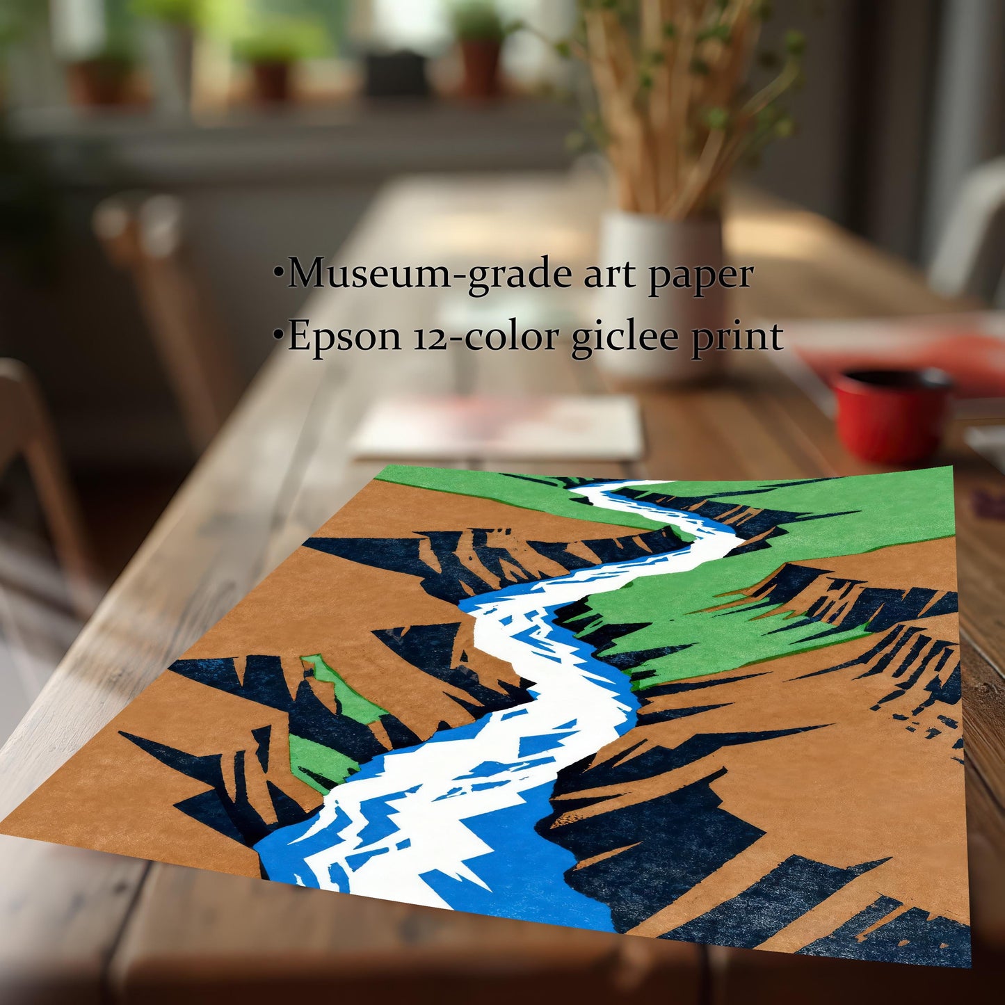 Close-up of the unframed print on a wooden table, highlighting the high-quality museum-grade art paper and the vibrant details of the Epson 12-color giclee printing process.