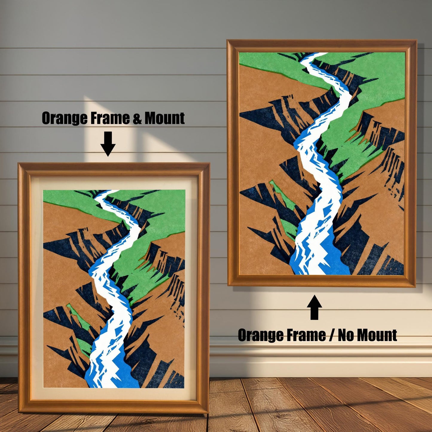 Comparison view of the "Orange Frame" option, showing one version with an off-white mat board (mount) and one version without a mount where the art fills the frame.