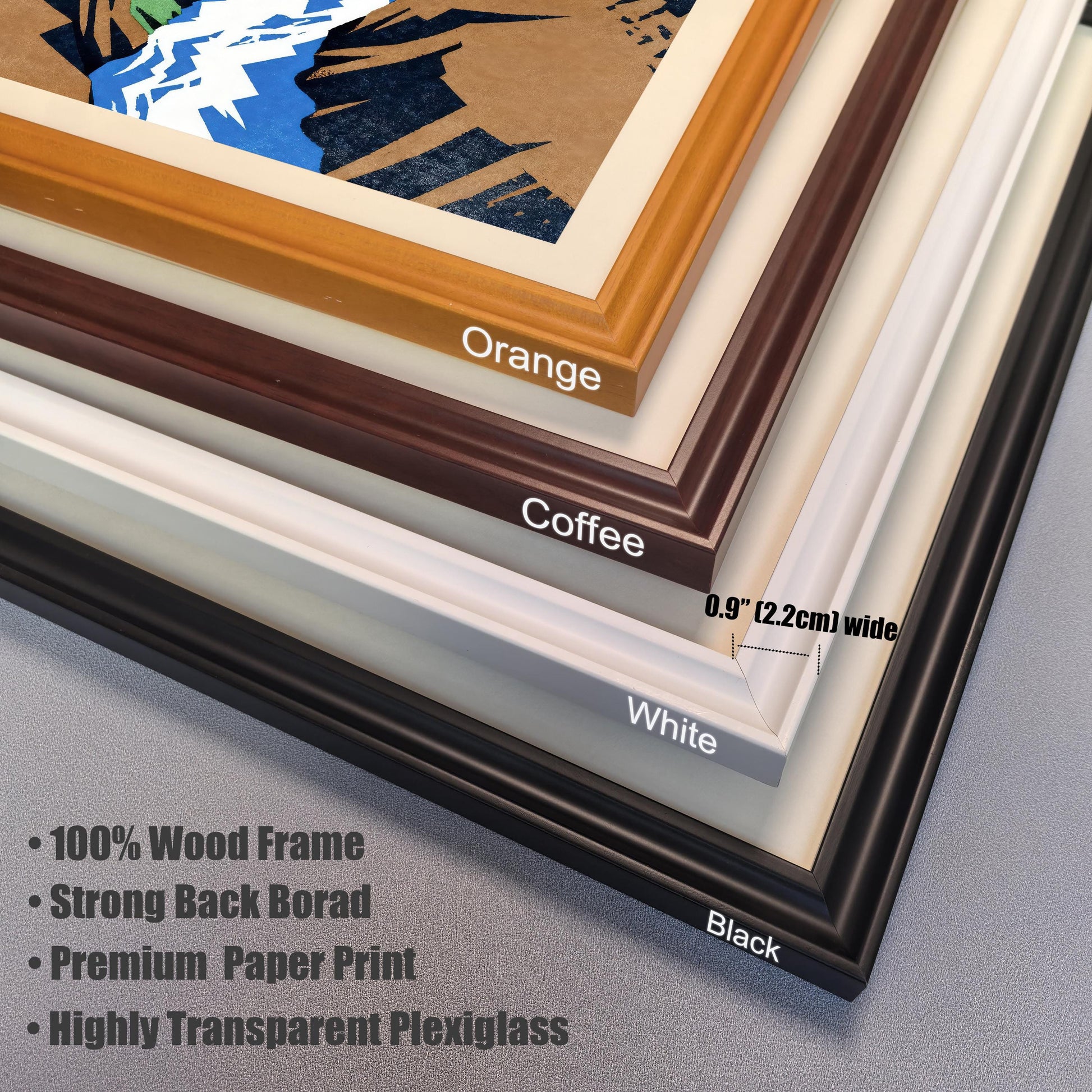 Close-up detail of the 100% wood frame options in Orange, Coffee, White, and Black, noting a frame width of 0.9 inches (2.2 cm) and highly transparent plexiglass.