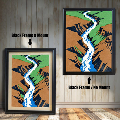 Comparison view of the "Black Frame" option, displayed against a light wood-paneled wall showing the "Black Frame & Mount" and "Black Frame / No Mount" variations.