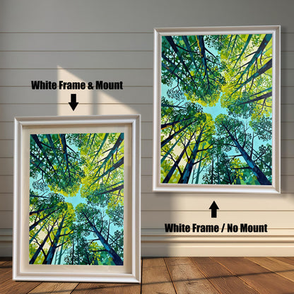 Side-by-side display of a nature art print in a White wood frame, demonstrating the look with a cream mount versus no mount.