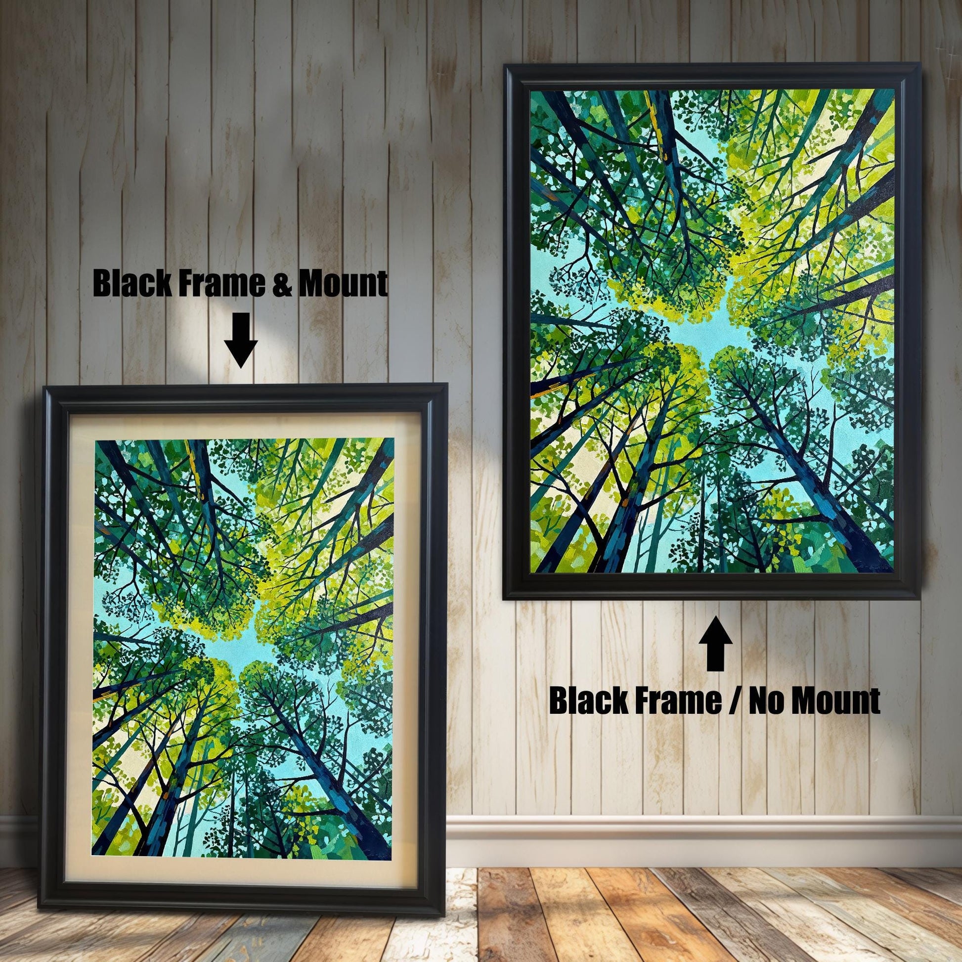 Comparison of a forest-themed art print in a Black wood frame, showing the difference between the matted ""Frame & Mount"" look and the ""No Mount"" style."