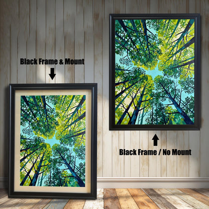 Comparison of a forest-themed art print in a Black wood frame, showing the difference between the matted ""Frame & Mount"" look and the ""No Mount"" style."